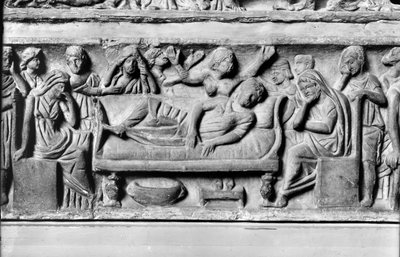 Relieve que representa al difunto rodeado de padres y amigos, detalle del Sarcófago de la Conclamación de Roman